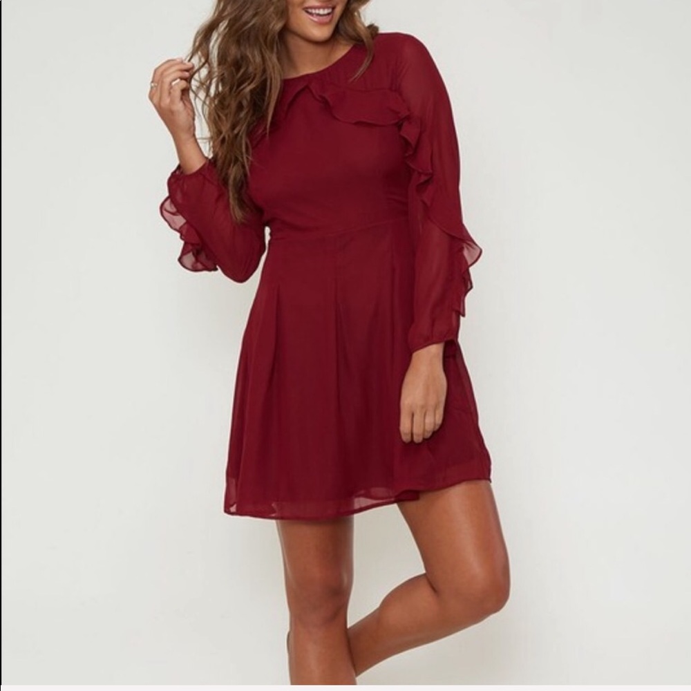 Burgundy Ruffled Mini Dress - Picture 2 of 5